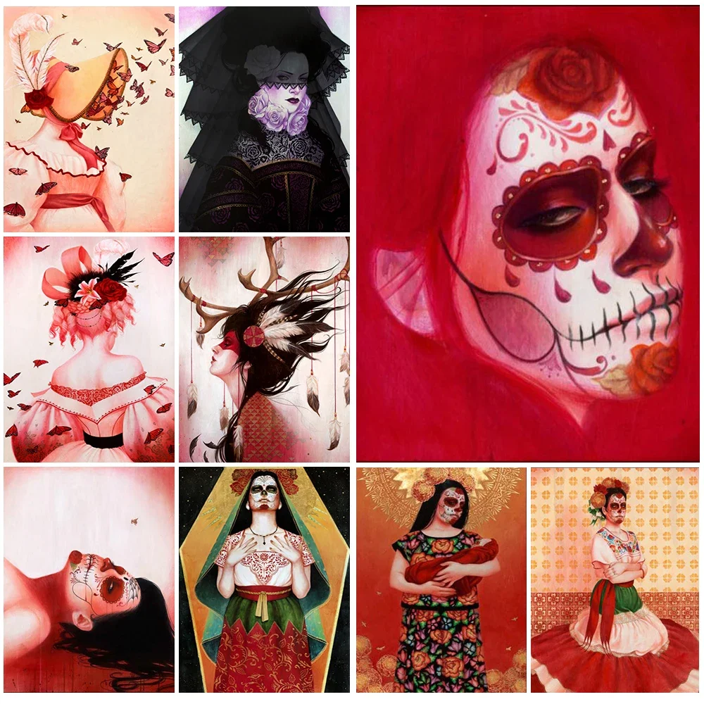 Mexico Grimace Portrait Day of the Dead Posters Wall Art Canvas Painting Home Decor Wall Pictures For Living Room Unframed