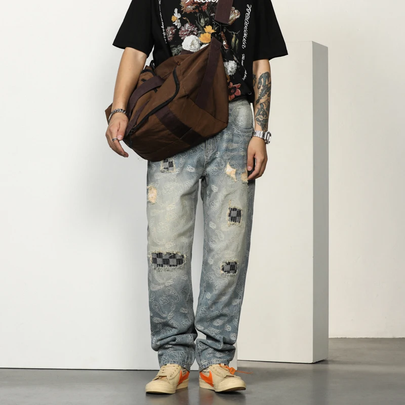 

XL8812 High street tide straight loose trousers retro broken holes patch jeans men's wide-leg peplum trousers