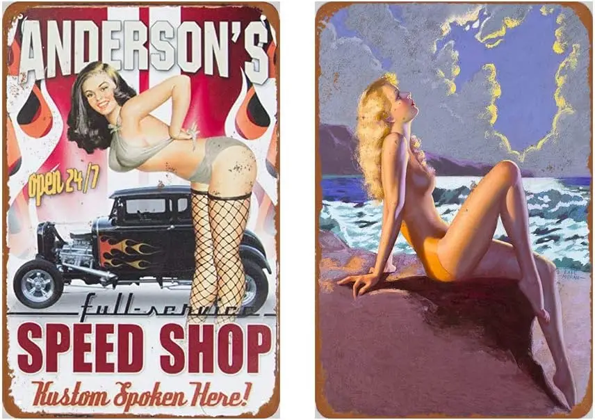 Dmxplus Metal Sign Set of 2 Tin Signs 8 x 12inches - Beach Sexy Pinup Girl Vintage Look Wall Decoration Bar Cafe Home Decor sign