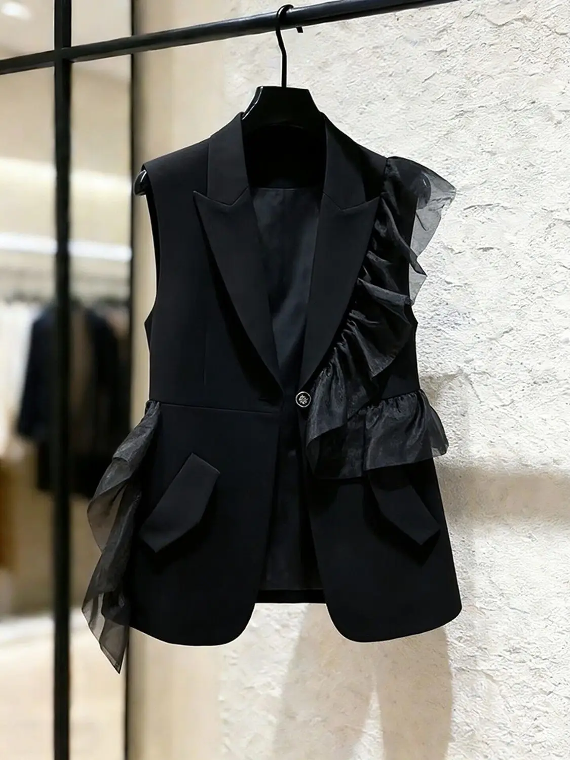Black Vests Jackets Women's Clothes 2026 Temperament Oversized Tops Ropa Mujer Patchwork Gauze Ruffles Waistcoat Chic Tanks Coat