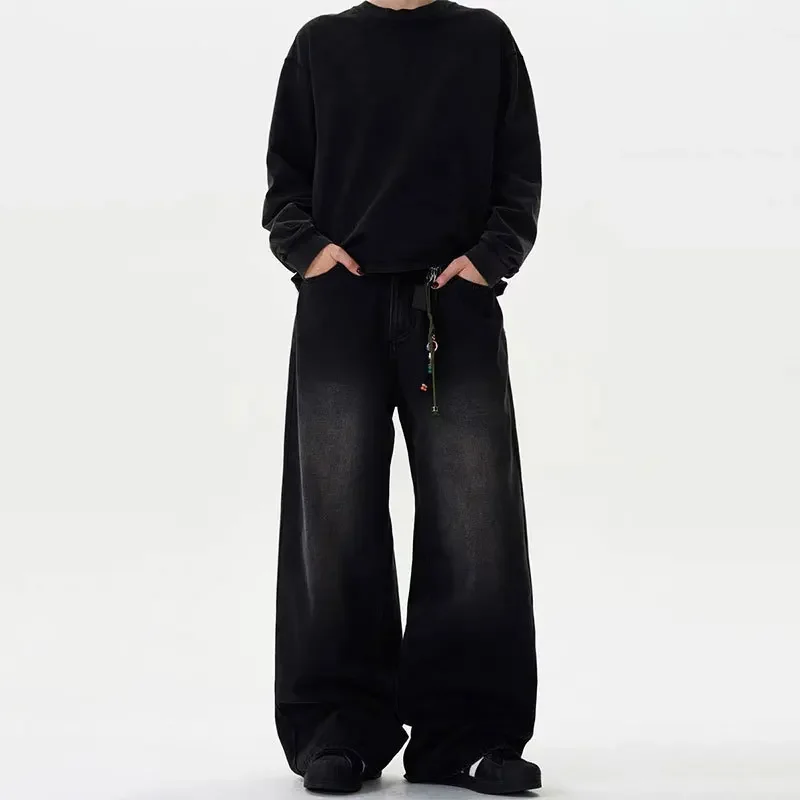 

Pop American Retro Black Straight Leg Long Jeans, Men's New Fashion Loose Wash To Do Old Wide-leg Pants, Casual Floor-length Jea