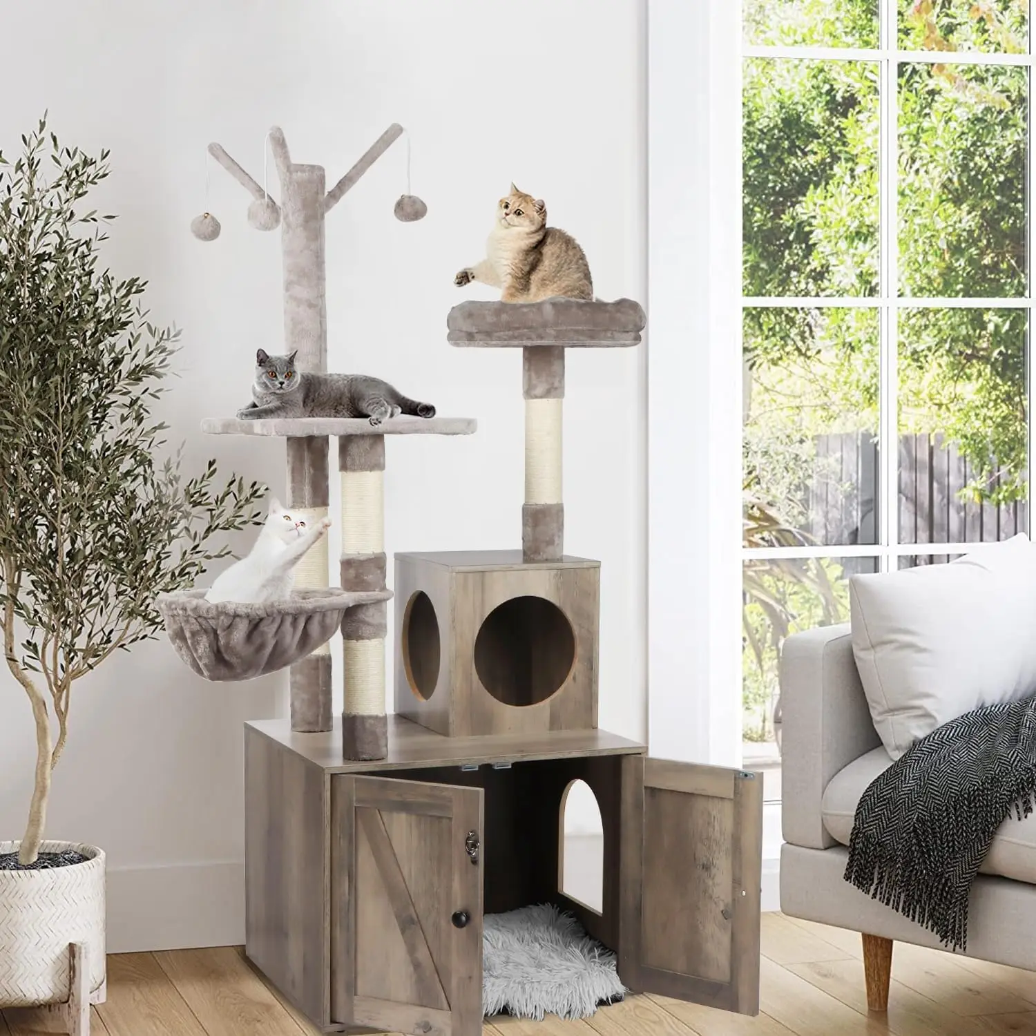 Casa de madera para gatos con torre de árbol para gatos, muebles con poste para rascar