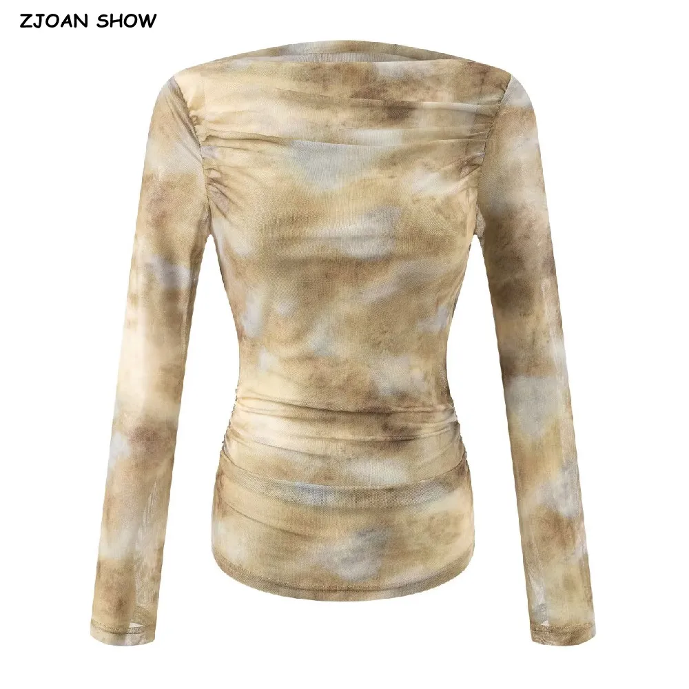 

2025 Autumn Sexy Tie-dye Print Ruched Slash Shoulder Full Sleeve T Shirt Women Pleated Waist Slim T-shirt Skinny Tee Tank Tops