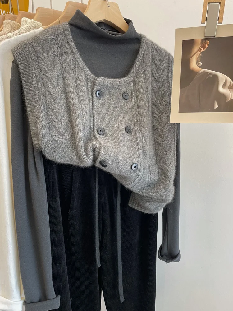 Women's Cashmere Knitted Vest Double-Row Button Autumn Winter Twist High-End Feeling Layering Top Commute Style round Neck