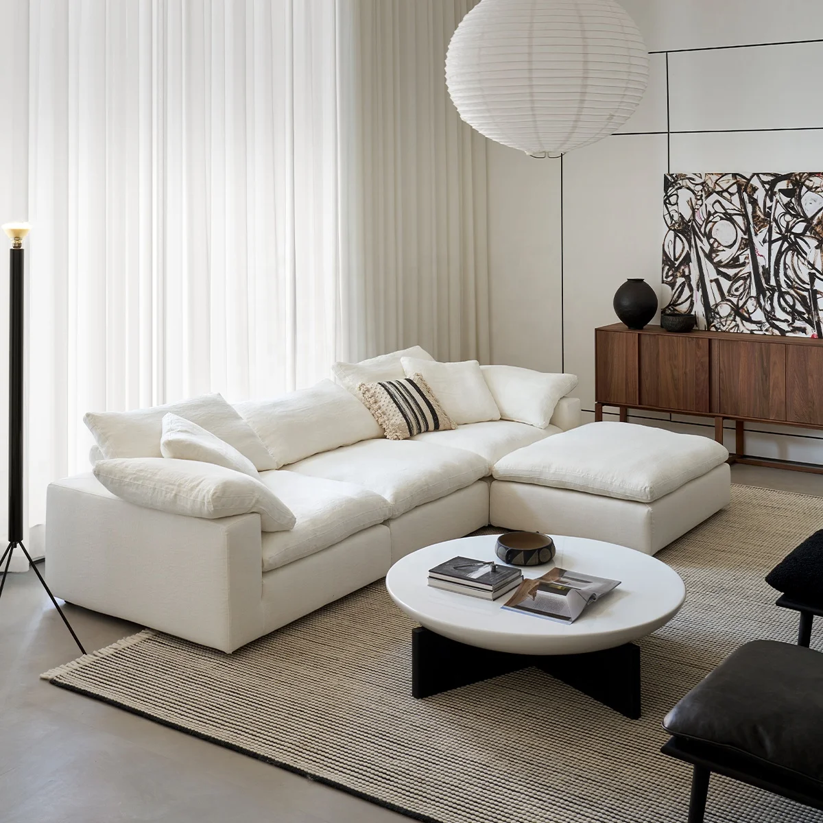 # Italian Modern Luxury White Linen 3-seater Modular Living Room Set Sofa L-Shape Washable Apartment Villa Cloud Sofa