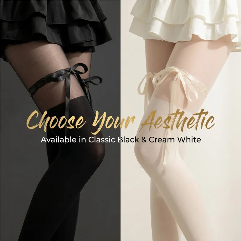 Elegante, durchsichtige, oberschenkelhohe Damenstrümpfe mit Schleifenstrumpfband, Lolita JK Uniform Cosplay-Strümpfe, perfekt für Partys, Alltagskleidung