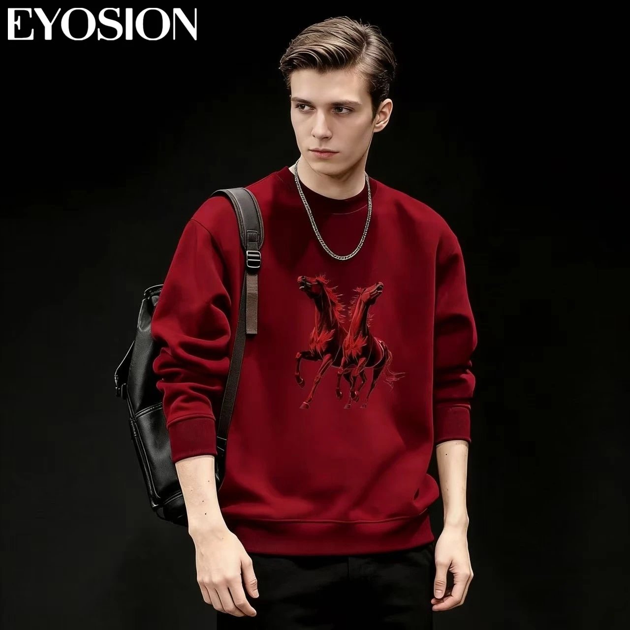 

Мужская толстовка с круглым вырезом и принтом лошади, осень-зима 2026, хлопок, длинный рукав, парная одежда, дизайн к Новому году, большие размеры