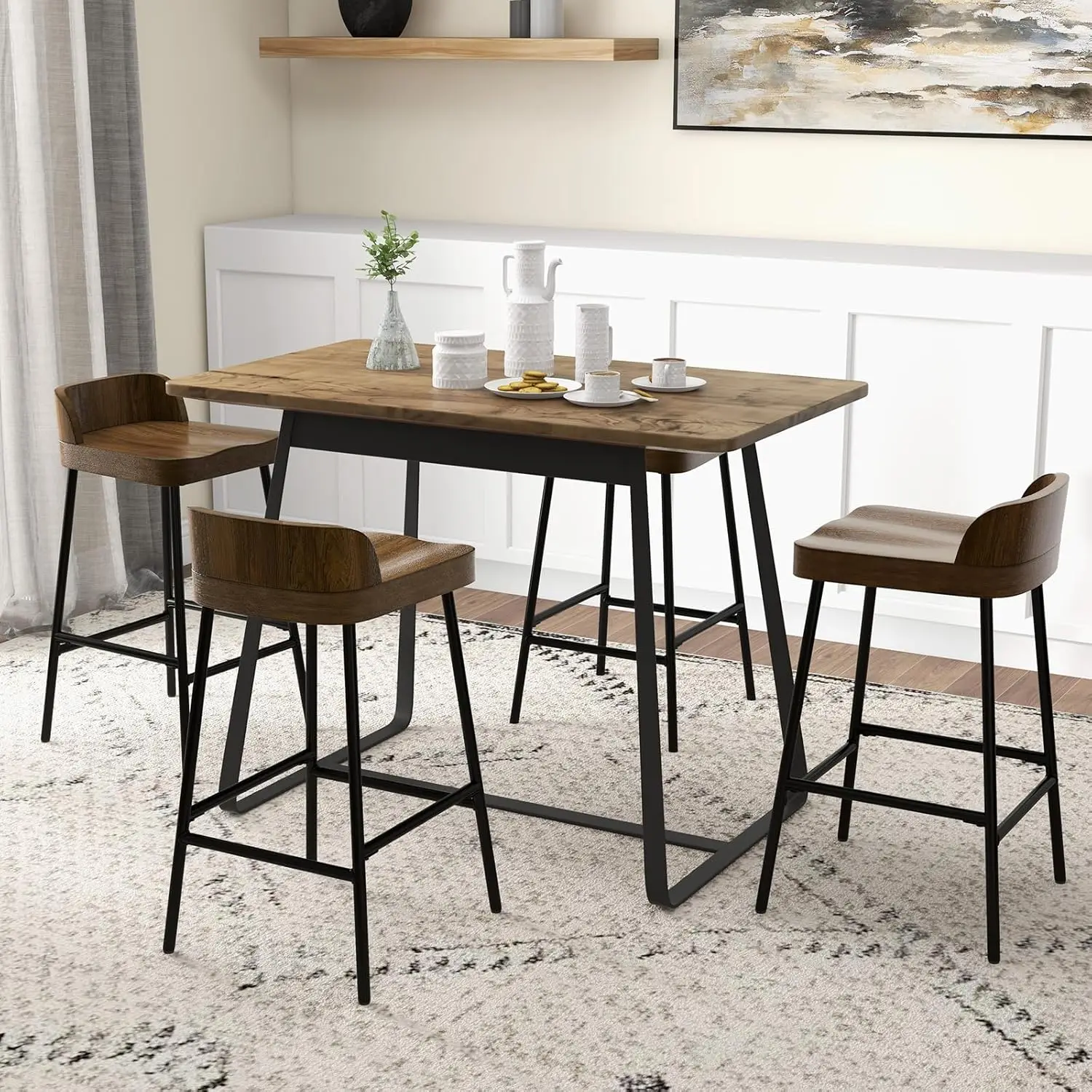 Goflame 24.5"" Low Back Bar Stool With Curved Seat, Industrial Breakfast Counter Height Chair With Footrest & Adjustable Foot