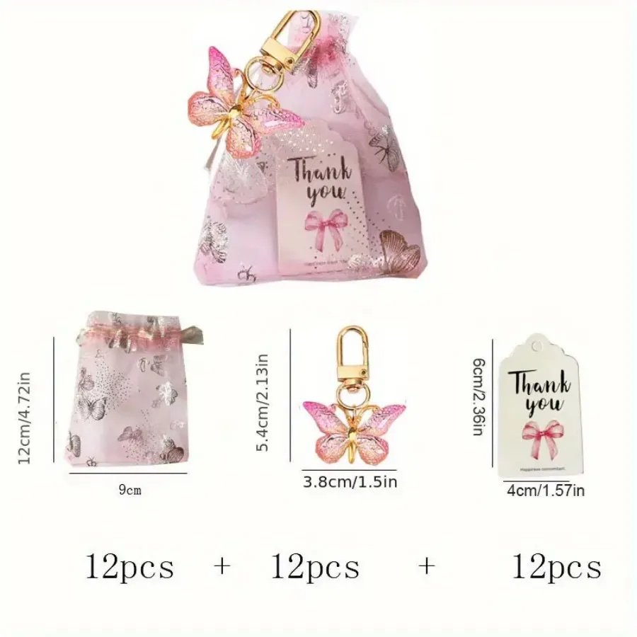 36pcs, Butterfly Keychain Gift Set, 12pcs Acrylic Purple Keychains, 12pcs Brown Cards and 12pcs Organza Drawstring Bags, Gender