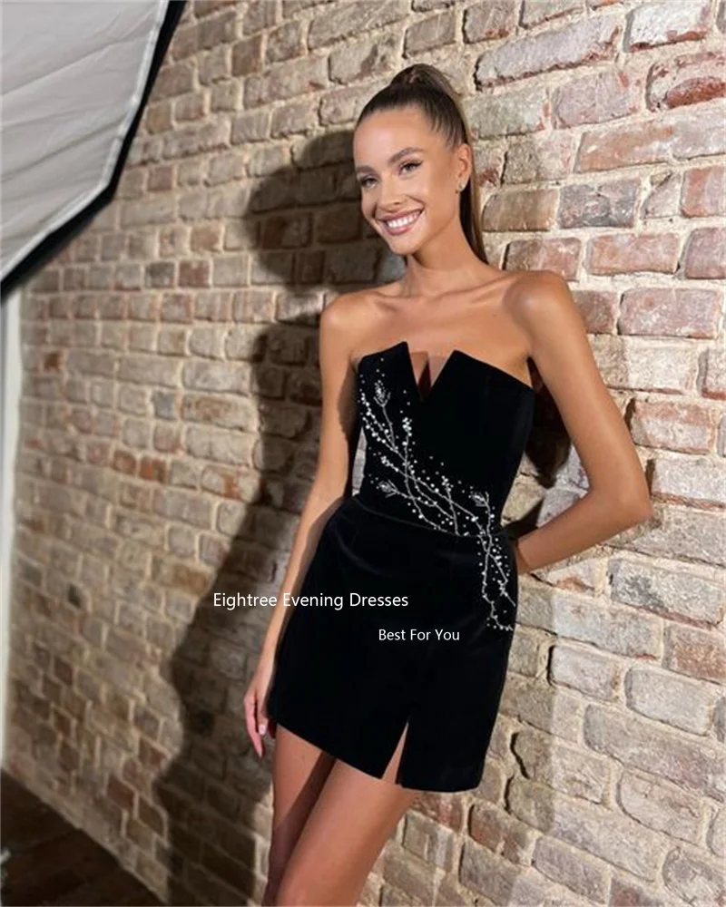 Eightree Black Velvet Short Prom Dresses Strapless Pearls Beads Sexy Cocktail Dresses Short Party Gowns Club Night Customized