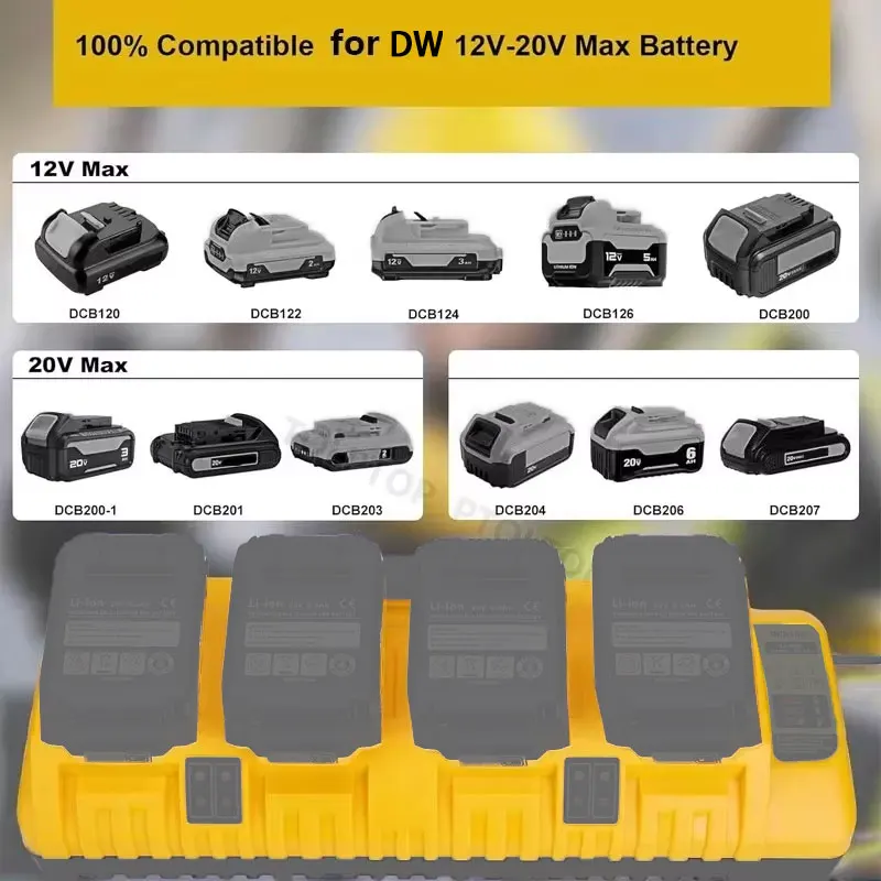 4-Ports 3A Current Rapid Charger Replacement  With USB port for Dewalt 12-20V Max Lithium Battery DCB104 DCB120 DCB127 DCB200