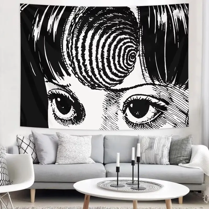 VIKAMA Gothic Horror Tapestry Black White Spiral Pattern Character Wall Hanging Dark Aesthetic Bedroom Dorm Wall Decor Backdrop
