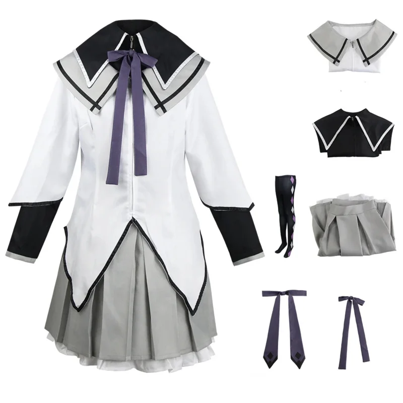 2025 New Ainime Puella Magi Madoka Magica Costumes Akemi Homura Cosplay Skirt Jk Uniform with Bowknots Wig Halloween AA