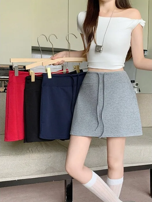 

plus Size Korean Style Casual High Waist A-Line Skirt Women's Summer New Retro Slimming Hip Covering Drawstring Skirt