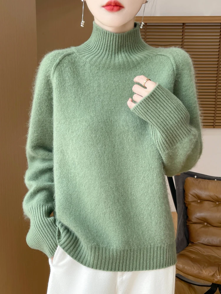 Women Autumn Winter Turtleneck Pullover Sweater 100% Merino Wool Knitted Elegant Solid Cashmere Female Raglan Sleeve Popular Top