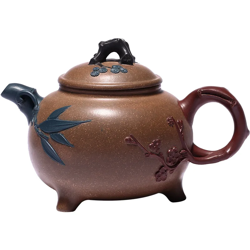 full handmade tea pot with 7 infuser holes real yixing zisha old duan clay bamboo relief original ore pot three legs marked