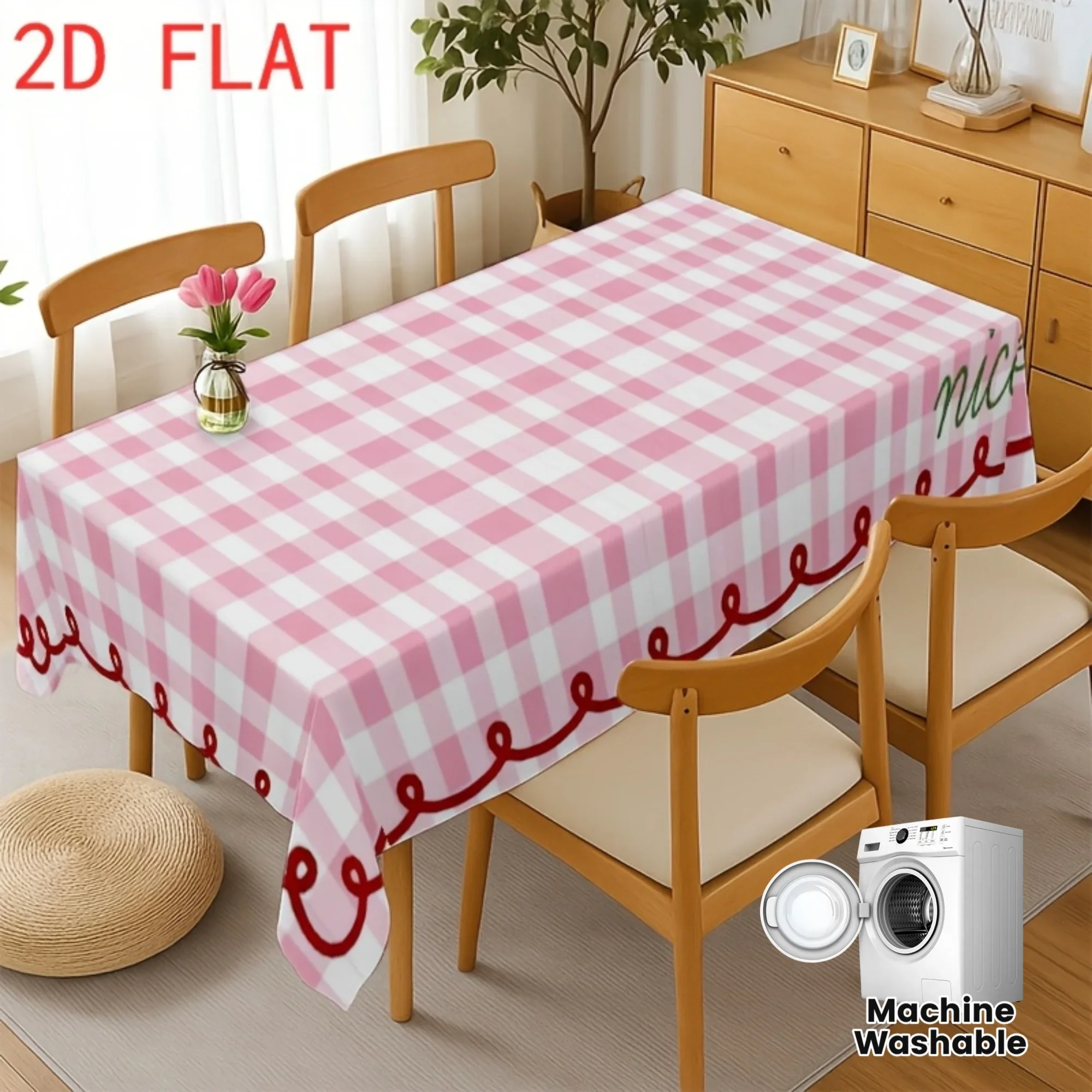 Soft, fashionable and beautiful powder-white checkered tablecloth with red wave-edge trim, 2D planar pattern