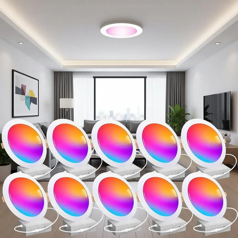 

6-дюймовые светодиодные встраиваемые потолочные светильники 16 Вт, диммируемые, 2700K-6000K, 1350 лм, 16 миллионов цветов, DIY-сценарии
