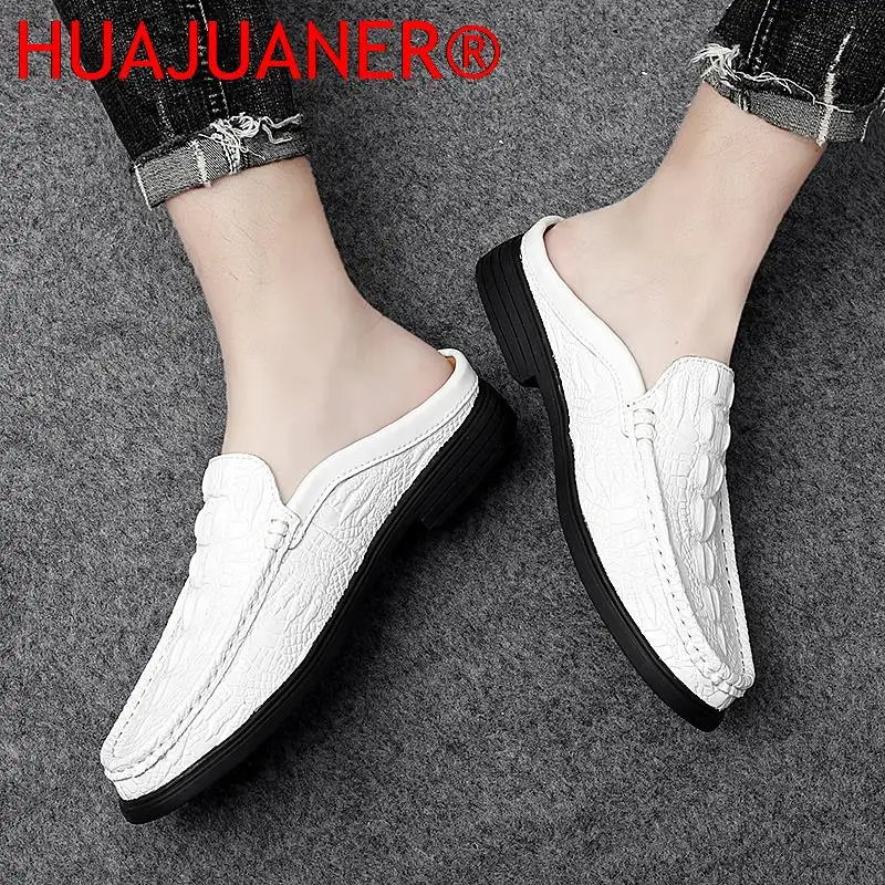 2023 Black Half Shoes for Men Leather Shoes Men Mules Casual Shoes Men Fashion Social Big Size Mocassin Elegantes Walking Shoes