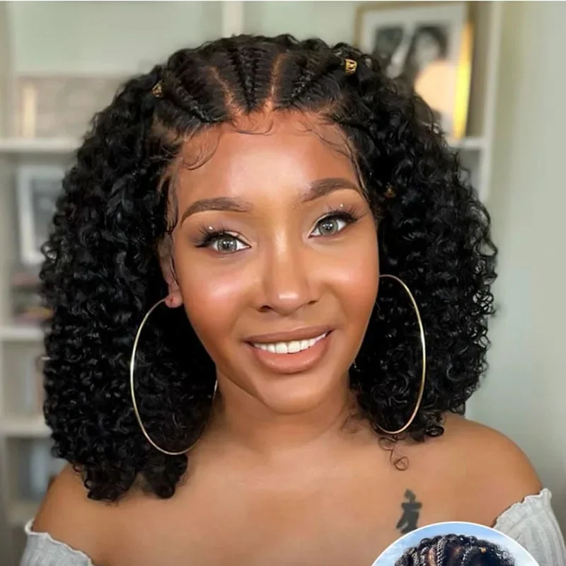 

Curly Human Hair Wig 13x4 Lace Front Wigs Human Hair Half-Cornrows Pre Plucked Pre Styled Braid Wigs For Black Women