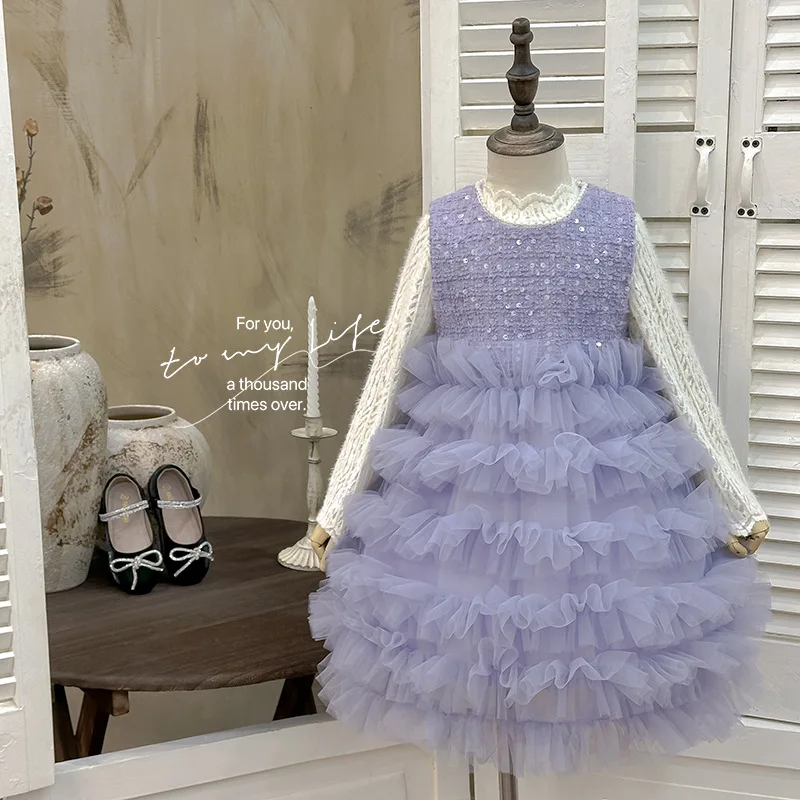 

Girls' Dress2025Autumn New Korean Style Sweet Puffy Skirt Lace Top Base Two-Piece Set Trendy Skirt
