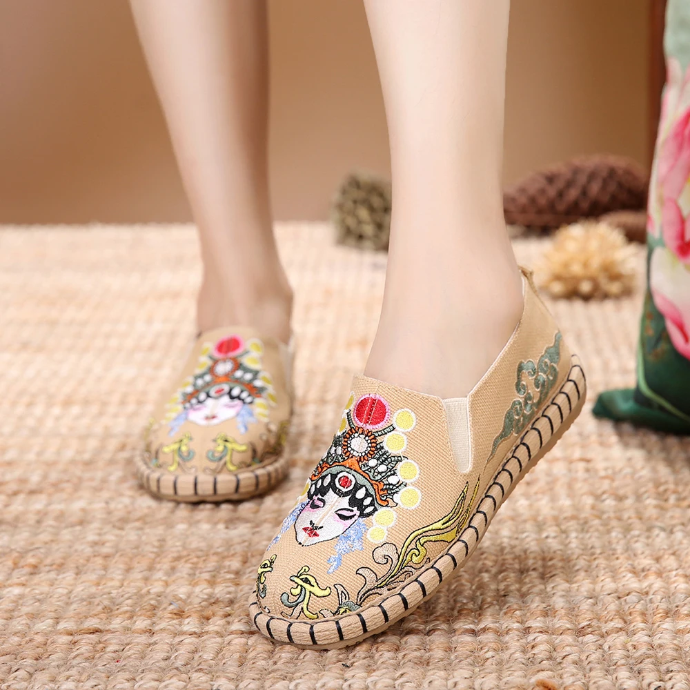 Veowalk Chinese Opera Embroidery Women Canvas Loafers Ladies Comfort Slip-on Flats Soft Cotton Embroidered Shoes