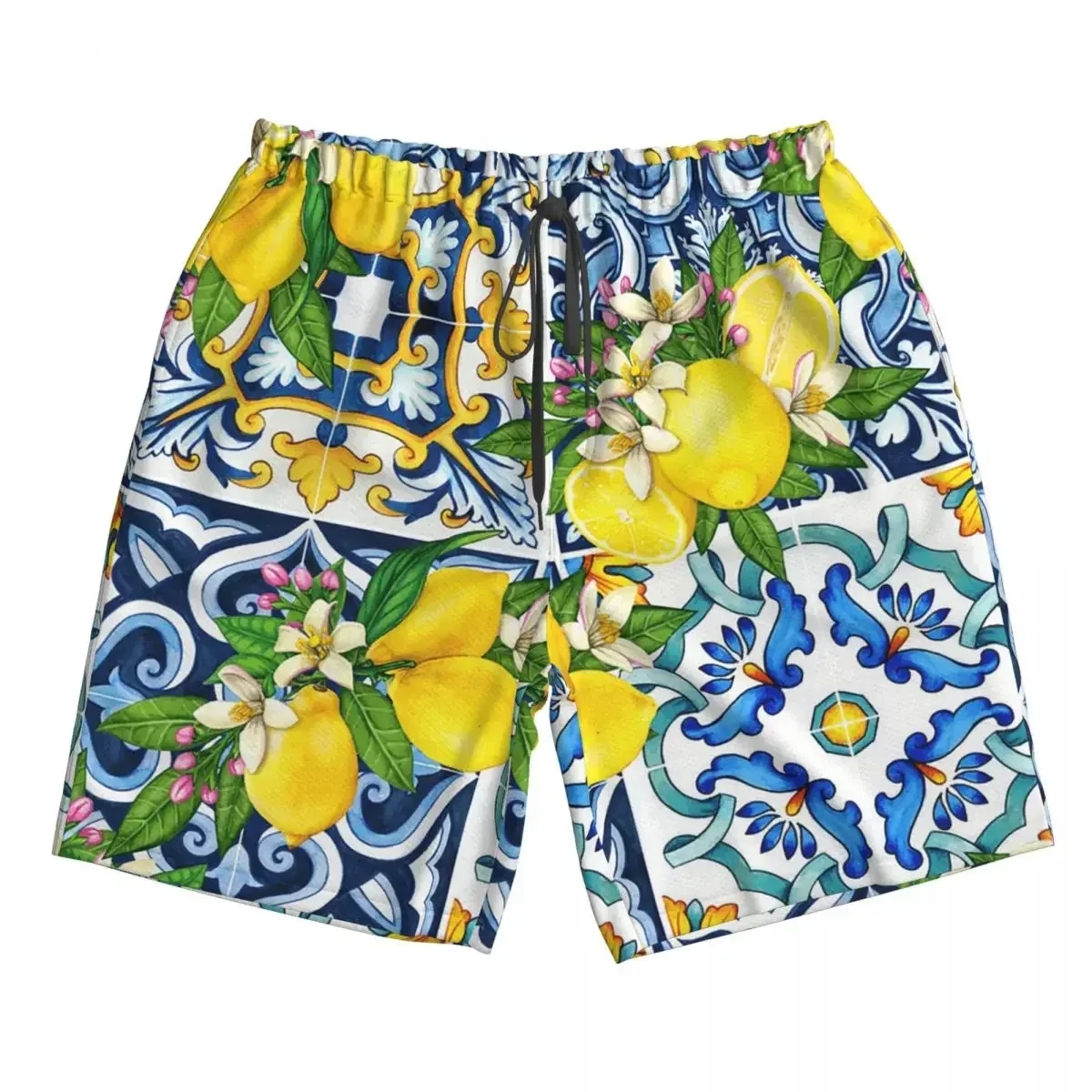 Bright Mediterranean Sicilian Tiles With Citrus Lemons Trunks Beach Board Shorts Casual Quick Dry Swim Summer Men Pants
