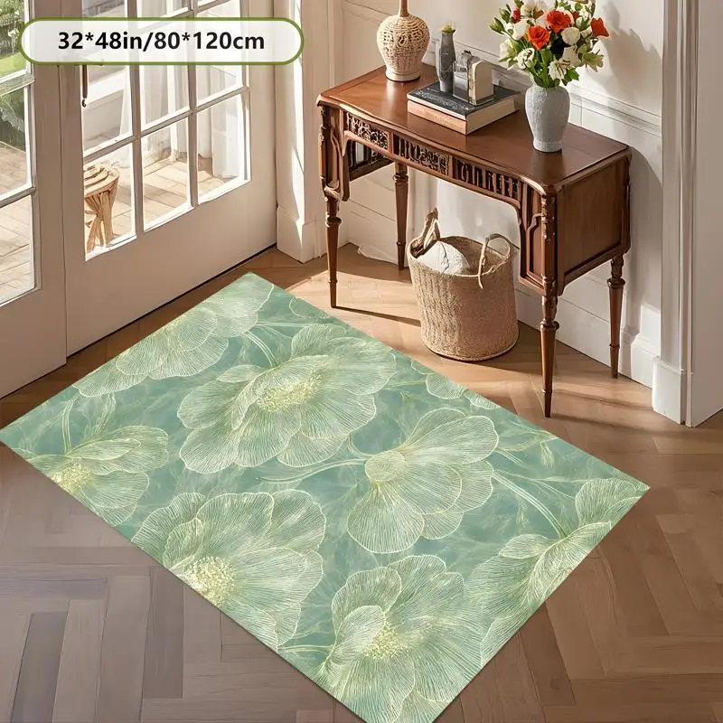 Light Green Texture Gilded Floral Rug Soft Velvet Living Room Bedroom Leisure Area Decor