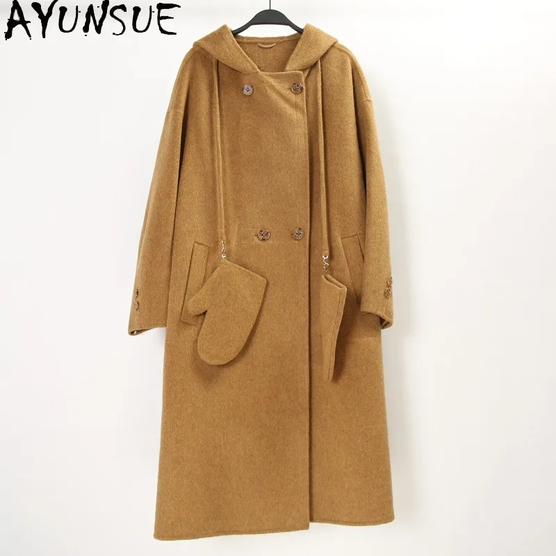 AYUNSUE Women's Wool Coat Casual Hooded Double-sided Wool Overcoat Fashion Loose Jackets for Woman Clothes Autumn Ropa Mujer