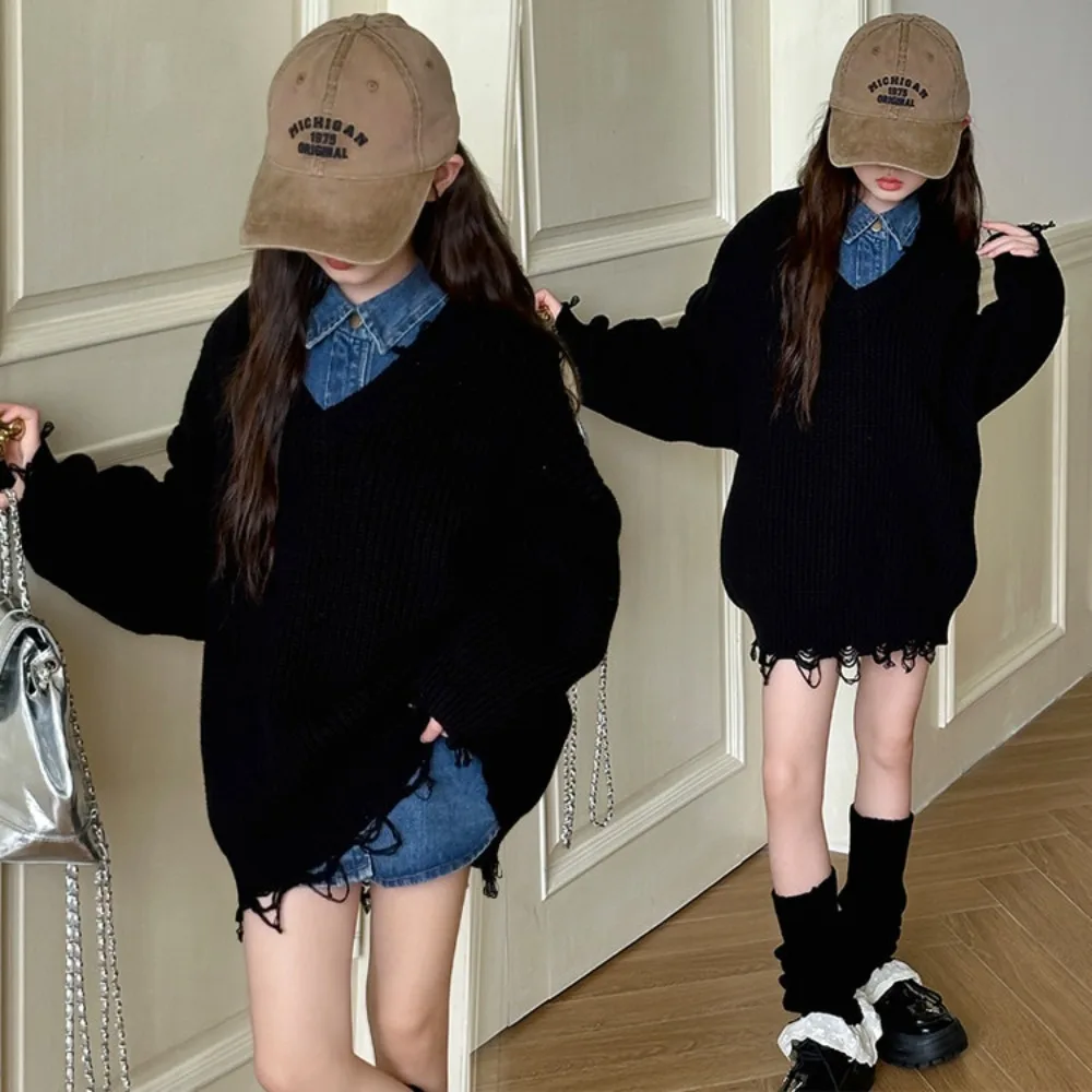 Korean Style Girls Knit Sweater 2026 Autumn Winter Black Pullover Casual Trendy Toddler Long Sleeve Top120-170cm
