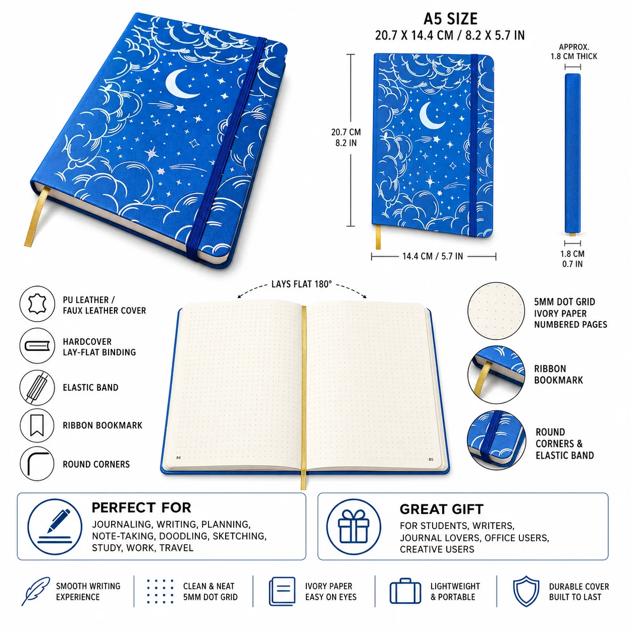 A5 Dot Grid Notebook Celestial Moon Star Cover 160gsm Ivory Paper Hardcover Journal with Numbered Pages Elastic Band Bookmark