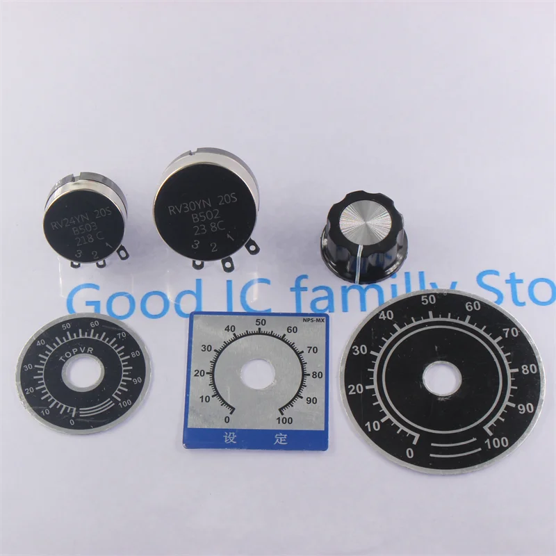 RV24YN20S 1K 2K 5K 10K 20K 50K 100K 103 102 1MΩ シングルターン カーボン皮膜 ロータリーテーパーポテンショメータ A03ノブとダイヤル付き