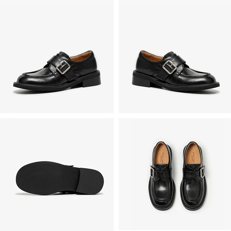 BeauToday Leather Monk Shoes Women Calfskin Buckle Strap Round Toe Sewing Design Casual Ladies Flats Handmade 27940