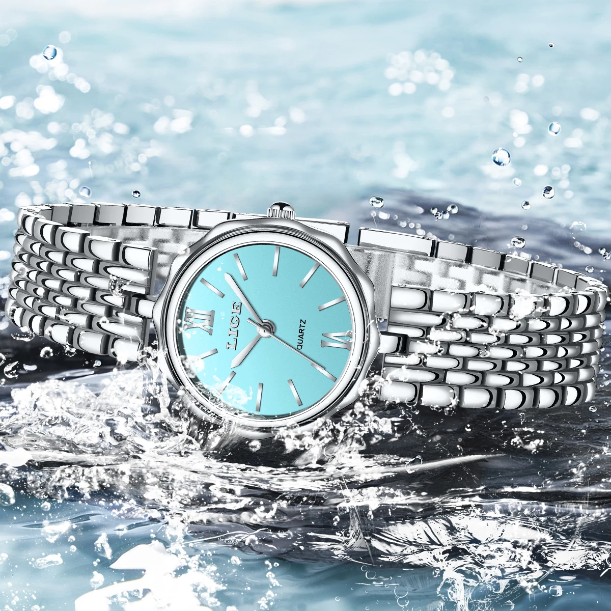 ساعة كوارتز عصرية للنساء من LIGE بسيطة وأنيقة بمينا مربع وحزام من الفولاذ المقاوم للصدأ باللون الذهبي مقاومة للماء ساعات عمل ترفيهية + صندوق #3