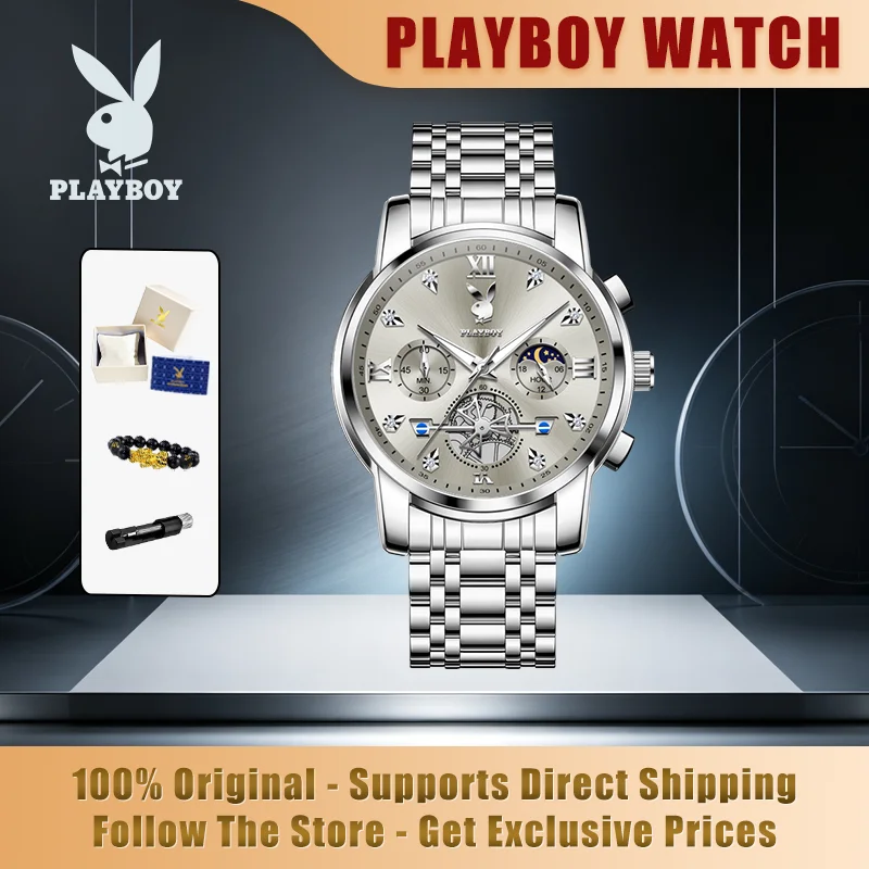 PLAYBOY 3139 Brand original authentic watches for man luxury Gift Box solid steel belt quartz men's watch