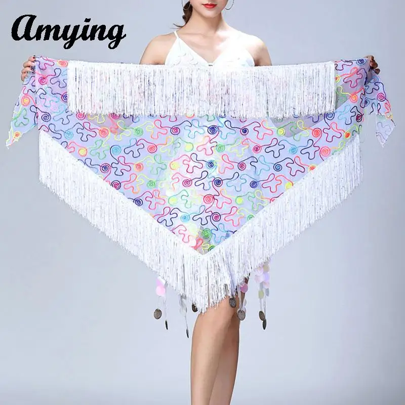 Lady Sequins Large Triangular Scarf Women New Belly Dance Tassel Hip Scarf Dance Performance Practice Costumes Waist Scarf