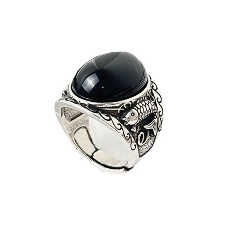 

Fashion Simple Black Obsidian Koi Rings for Men Retro Hip Hop Thai Silver Open Index Finger Ring Punk Jewelry Accessories Gift