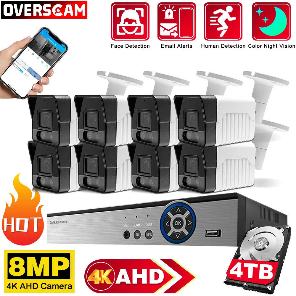 CCTV Security Cameras System Kit, 8 Canais, 8 Canais, Exterior, Cor, Visão Nocturna, AHD, Video Surveillance System Set, 4K, 8CH