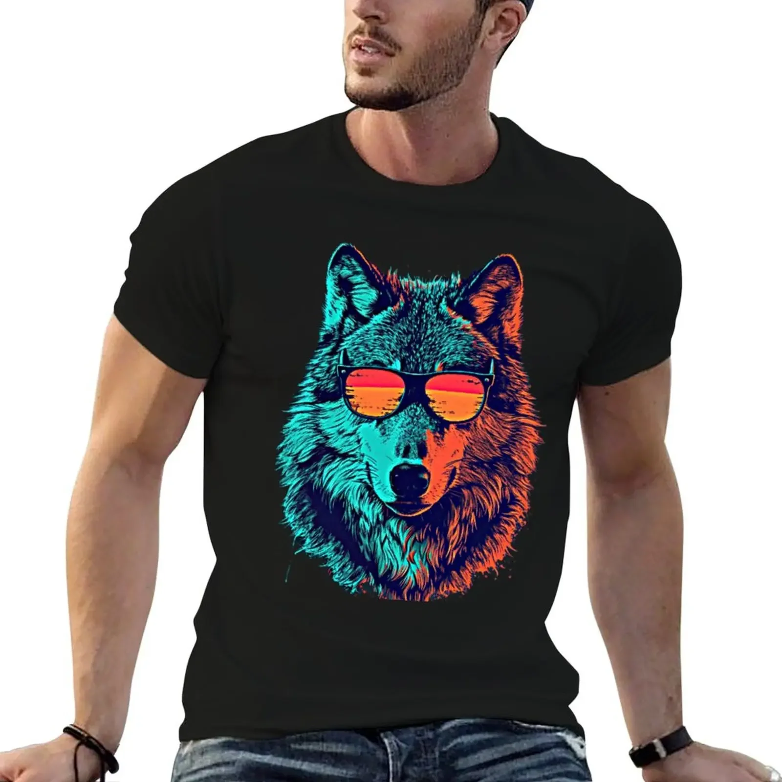 Wolf Vintage Wolf with Sunglasses T-Shirt plus size clothes anime figures graphic t shirt vintage plain black t shirts men