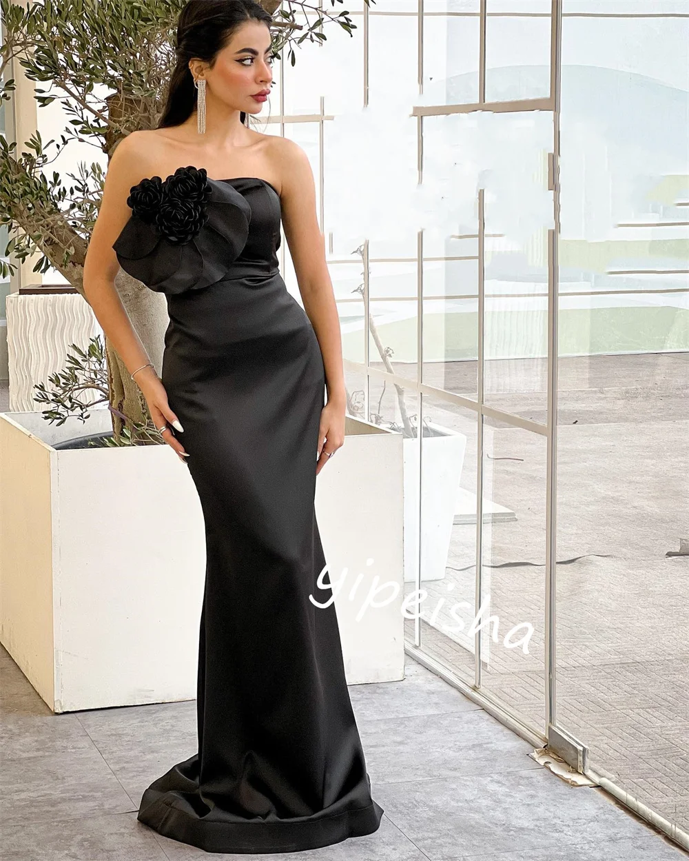 High Quality Sparkle Exquisite Satin Flower Valentine's Day Trumpet Strapless Bespoke Occasion Gown Long Dresses