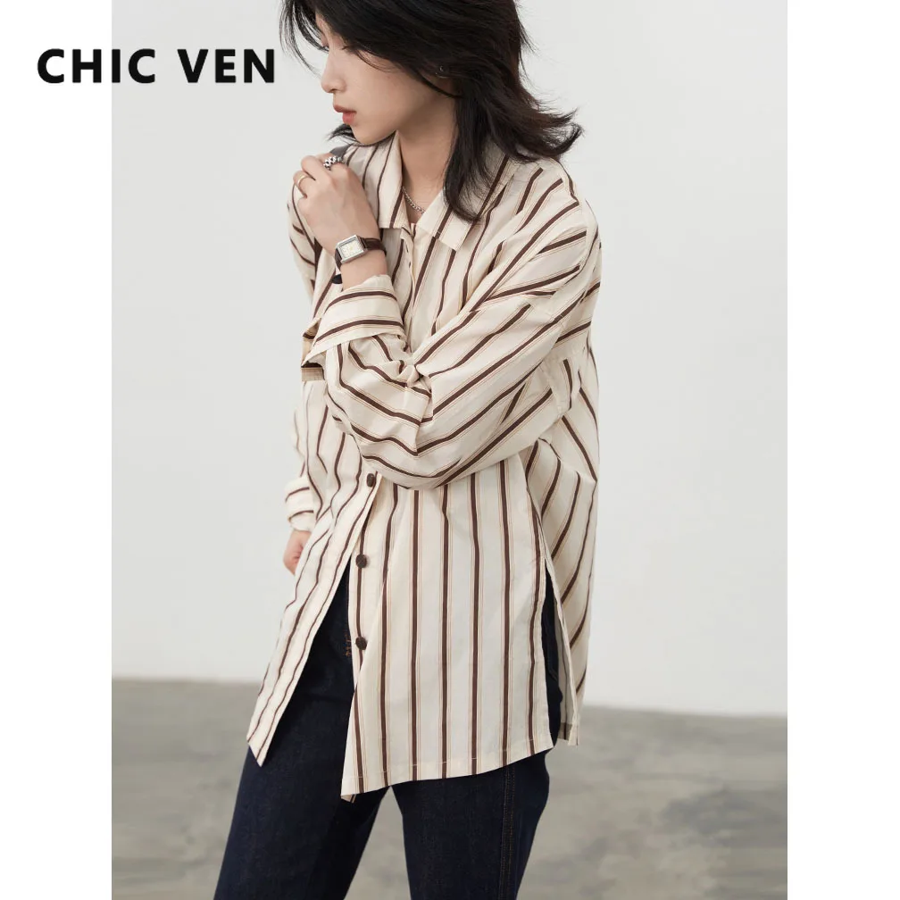 

CHIC VEN Women Shirt Single Breasted Long Sleeve Vintage Loose Cotton Stripe Woman Shirts Office Lady Coat Spring Autumn 2024