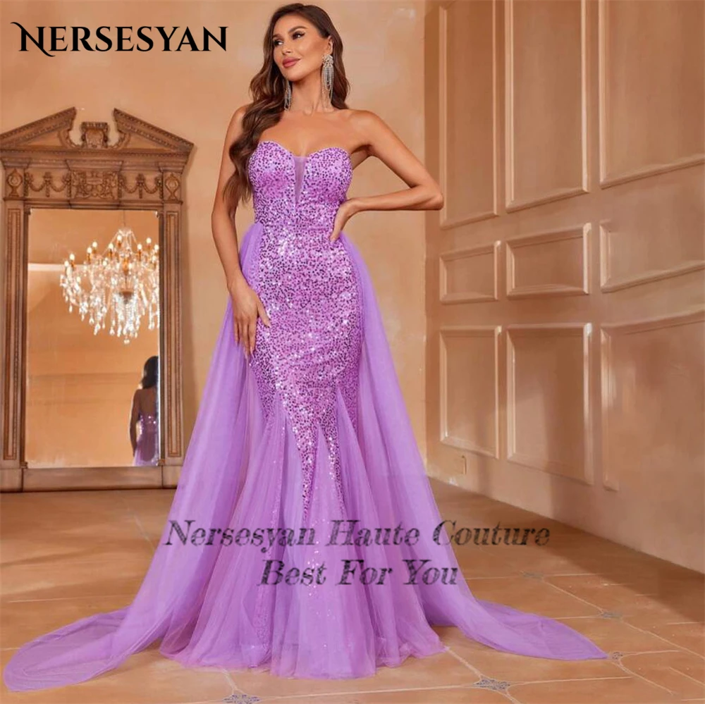 Nersesyan-Roxo Glitter Sereia Vestidos De Noite, Sexy Sequins Fora Do Ombro Vestido De Baile Com Saia De Tule, Celebrity Party Gowns