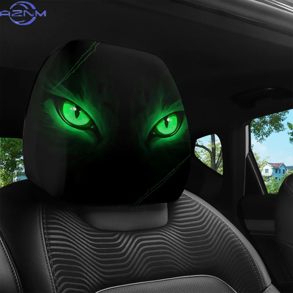 2pcs Green Cat Eye Print Pattern Car Headrest Covers, All-Weather Use, Car Headrest Protectors, Car Interior Accessories, Suit