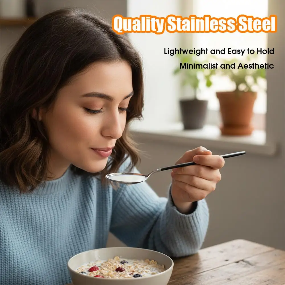 Silver Black Thickened 304 Stainless Steel Spoon High Appearance Long Handle Heavy Duty Household Tableware For Rice Soup