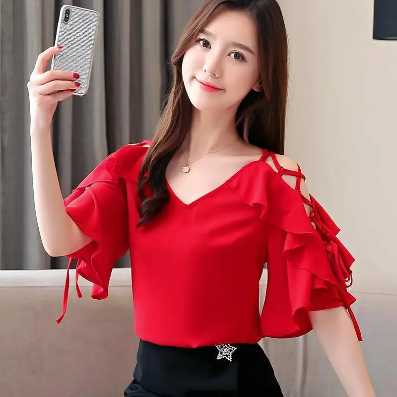 Fashion Hollow Out Lace Up V-Neck Ruffles Flare Sleeve Loose Chiffon Blouse Summer New Casual Tops Commute Women Clothing Shirt