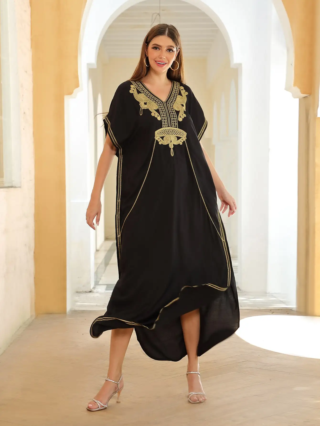 2024 Summer New Black Embroidery V Neck Side Slit Dress For Women Clothing Causal Short Sleeve Beach Wear Kaftan Dresses Q660