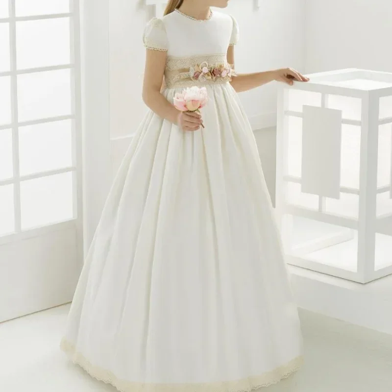 Flower Girl Dresses SATIN A-LINE O-Neck Floor-Length Child Kids Wedding Bridesmaid Birthday Party First Communion Gown