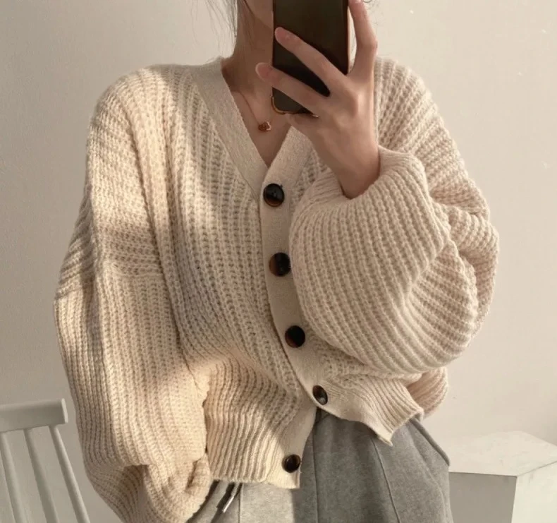

Ранняя осень, женский вязаный свитер, универсальный свободный теплый утолщенный открытый кардиган с рукавами-фонариками