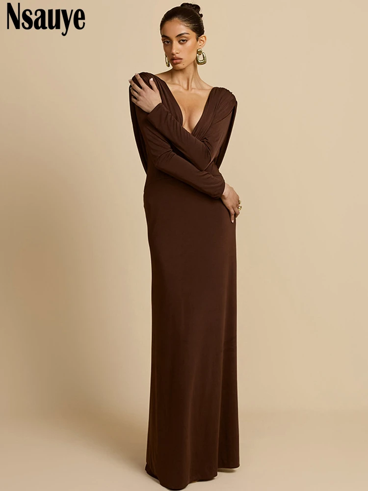 Nsauye 2025 ropa de otoño trajes nueva moda elegante mujer manga larga corte bajo Sexy Night Club Maxi vestidos de fiesta de noche