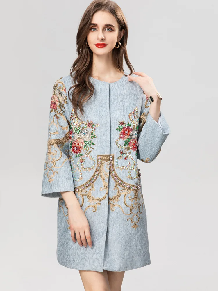 JUNLINNA Autumn Winter Women Coat Beading Jacquard Fashion O-Neck Long Sleeve Covered Buttons Casual Trench Outwear